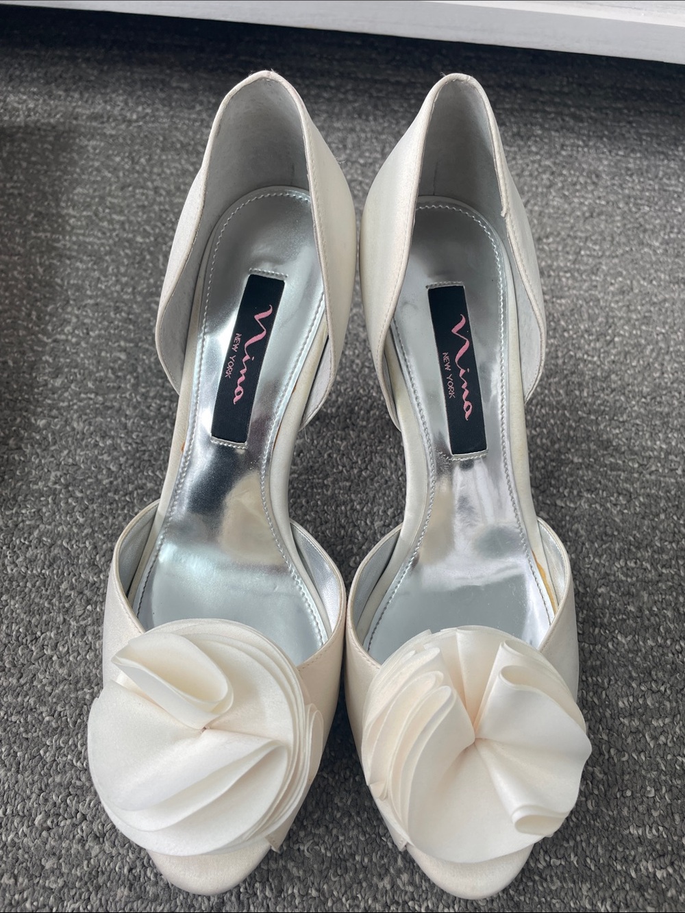 Nina Ivory Satin Floral Peep-Toe Heels